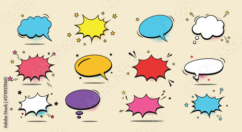 Collection of Colorful Comic Book Speech Bubbles and Thought Clouds.