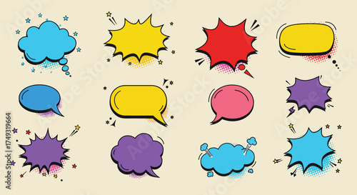 Collection of colorful comic book style speech and thought bubbles.