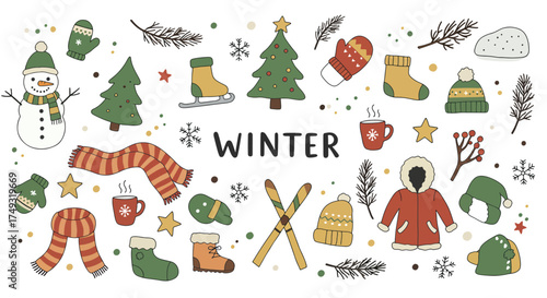 Collection of HandDrawn Winter Holiday Icons and Symbols.