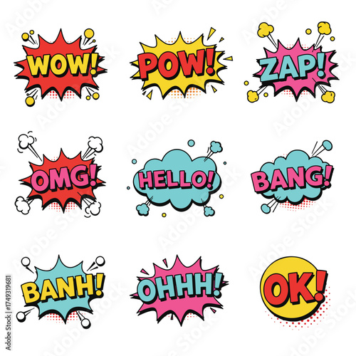 Collection of Nine Comic Book Style Speech Bubbles with Onomatopoeia and Exclamations.