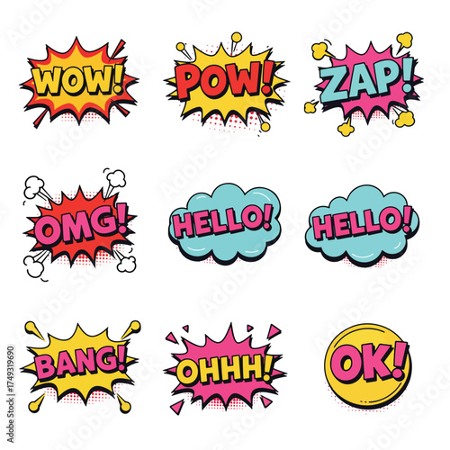Collection of nine vibrant comic book style speech bubbles with various exclamations and greetings.