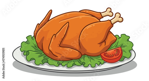 Delicious Roasted Whole Chicken Served on a Bed of Lettuce with Tomato.