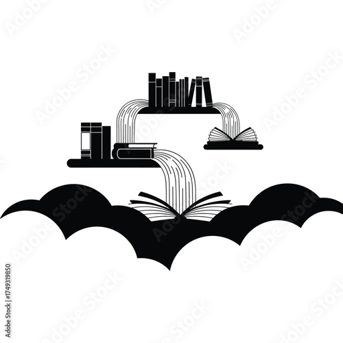 Silhouette of books on shelves with pages flowing into open books below vector illustration