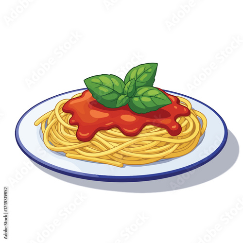 Delicious Spaghetti with Tomato Sauce and Fresh Basil Garnish on a Plate.