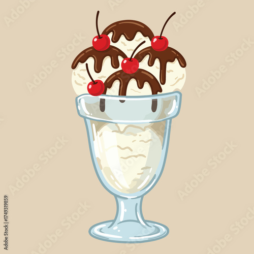 Delicious Vanilla Ice Cream Sundae with Chocolate Drizzle and Cherries