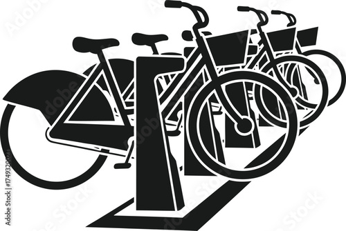 Three black silhouette bicycles parked in a bike rack on a white background