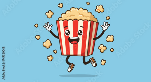 Happy Cartoon Popcorn Bucket Character Jumping with Joy.