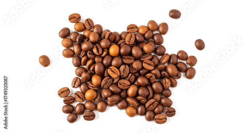 Freshly roasted coffee beans scattered on a clean white surface, perfect for showcasing coffee products or creating a cozy, caffeinated vibe with rich aroma