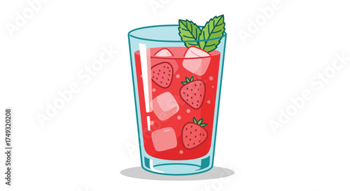 Refreshing Strawberry and Mint Infused Drink with Ice Cubes.
