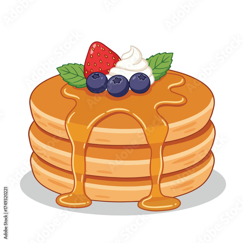 Stack of delicious pancakes drizzled with syrup and topped with berries and whipped cream.