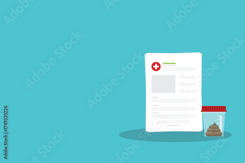 Stool analysis. Stool test icon. Medical sample in a glass tube and clipboard. Laboratory container with excrement. Vector illustration flat cartoon design.