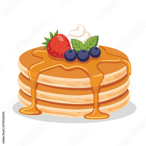 Stack of golden pancakes drizzled with syrup and topped with fresh berries and cream.
