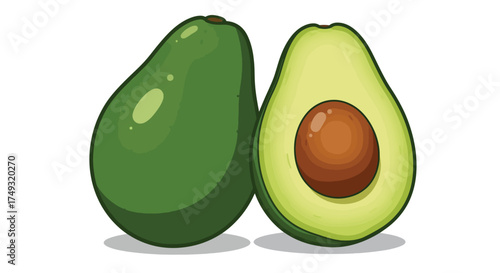 Two Ripe Avocados One Whole and One Halved Revealing Its Seed.
