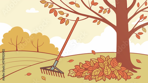 Fall Season Yard Work Illustration Raking Golden Leaves Under Tree Autumn Landscape Home Garden Clean Up