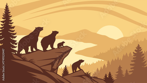 Bear Family on Mountain Cliff Overlooking Golden Sunset Landscape. Wilderness Nature Journey, Wildlife Conservation, Family Bonding Vector.