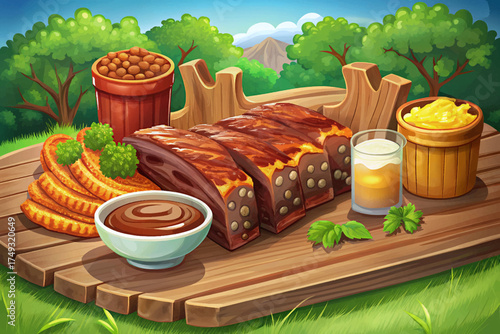 Texas barbecue ribs glazed with smoky sauce, served with corn and baked beans, rich southern American flavor.