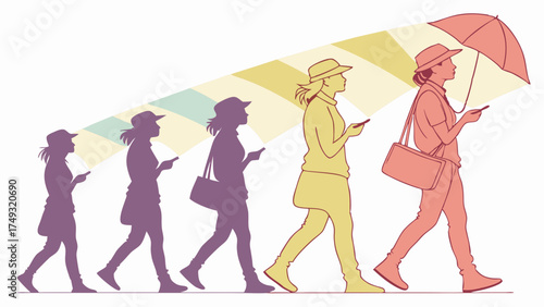 Digital Connectivity Path Women Walking with Smartphones Mobile Technology Evolution