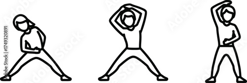 Three simple line art figures performing different stretching exercises on a white background