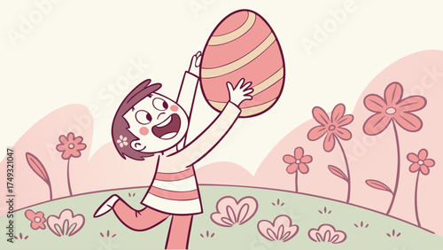 Happy Child Holding Big Easter Egg in Spring Flower Field. Joyful Easter Celebration, Holiday Marketing, Family Fun