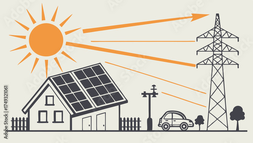 Solar Panel House Generating Clean Electricity for Home Electric Car Charging and Power Grid Connection Sustainable Renewable Energy System Eco-Friendly