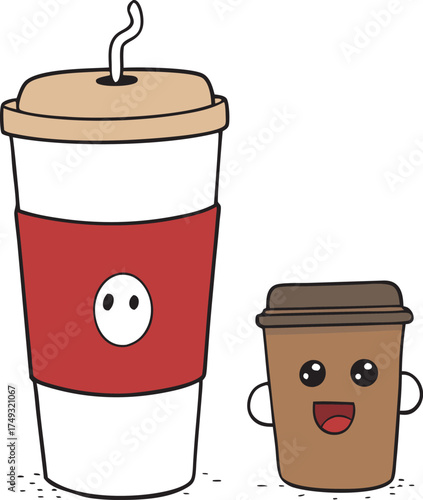 Cartoon illustration of two steaming coffee beverages with latte art