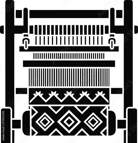Traditional loom with geometric patterned fabric being woven on a white background