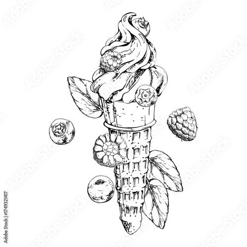 Wafer cone with soft swirled ice cream topped with raspberries and blueberries, mint leaves. graphic illustration hand drawn in vector ink. Gourmet branding, cafe menu card, street food vendor stall