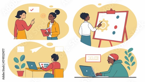 Diverse Business Team Collaborating, Planning Strategy, Presenting Ideas, and Working Remotely. Professionals Engaged in Digital Project Management.