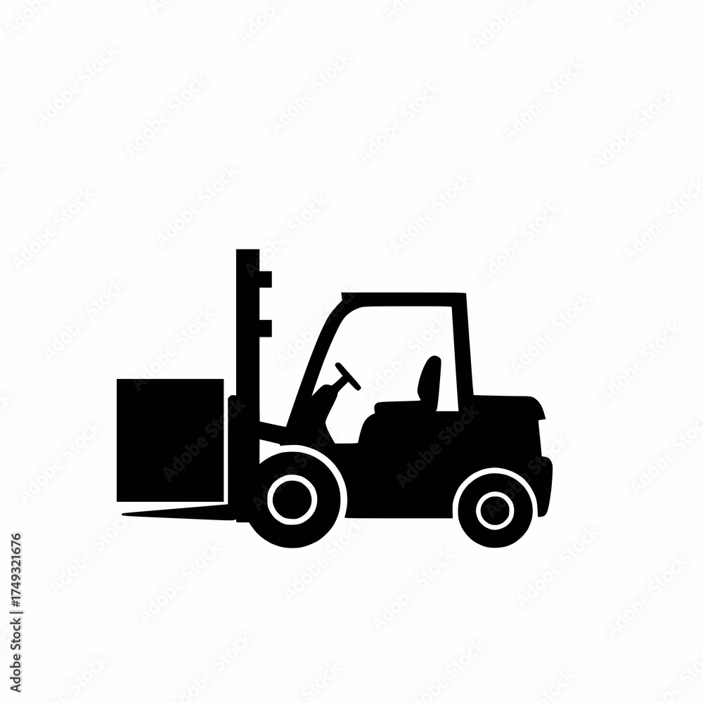 Fototapeta premium black and white forklift operation icon, vehicle silhouette, flat minimal design