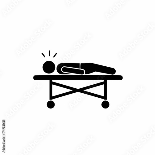 black and white emergency stretcher symbol, person on stretcher, flat minimal design