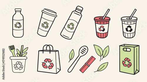 Recycling Reusable Bottles Cups Bags Cutlery for Sustainable Eco Friendly Green Living Environmental Protection Icons