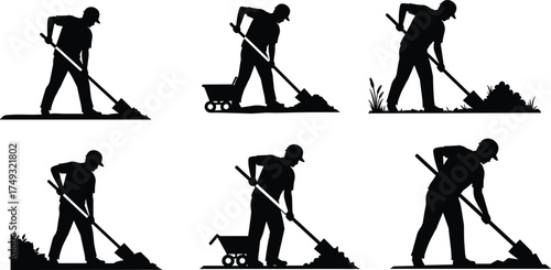 Silhouette workers digging shoveling carrying soil with wheelbarrow, manual labor construction gardening farming teamwork vector illustration isolated set