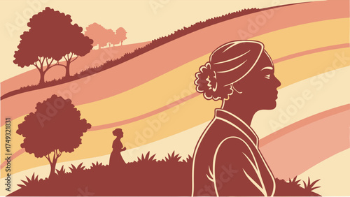 Strong Mature Woman Silhouette Reflecting on Life Journey and Heritage in Peaceful Rural Landscape Illustration.