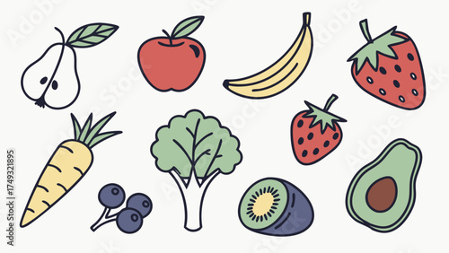 Colorful Hand Drawn Fresh Fruits and Vegetables for Healthy Eating Wellness and Nutrition Websites Apps and Marketing Materials