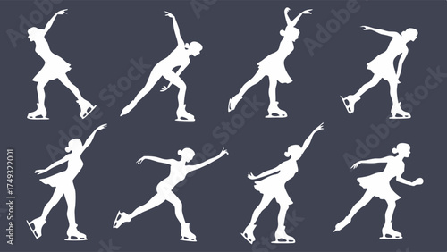 Graceful Figure Skating Silhouettes Set Female Ice Skaters in Dynamic Poses Vector Graphics for Winter Sports Marketing and Event Promotion