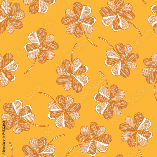 Seamless pattern with clover leaves. . Vector hand drawn illustration. St Patrick's day decorative background. Modern floral compositions. Fashion vector illustration for wallpaper, fabric, textile.