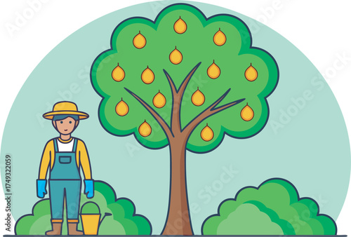 Person watering a fruit bearing tree in a garden setting