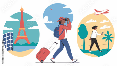 Happy Woman Traveler Planning Global Vacation Exploring World Landmarks and Tropical Beaches with Suitcase and Binoculars Modern Illustration