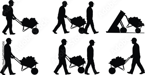 Silhouette worker pushing wheelbarrow vector illustration, construction labor man carrying load, industrial transport tool, manual work activity, ergonomic movement concept