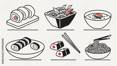Modern Outline Asian Food Icons Set Sushi Ramen Noodles Miso Soup Poke Bowl for Restaurant Menu Web Design Food Delivery App and Culinary Marketing