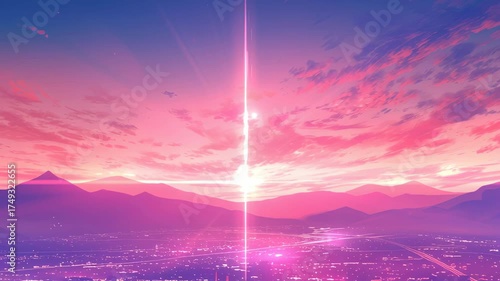 Vibrant sunset over cityscape with mountains, showcasing colorful sky filled with pink and purple hues, evokes tranquility and beauty in evening