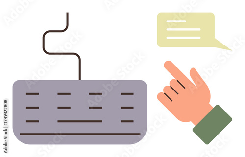 Keyboard with curved wire, hand pointing toward a text bubble, representing typing, digital communication, user interaction. Ideal for technology, communication, work, education online chatting