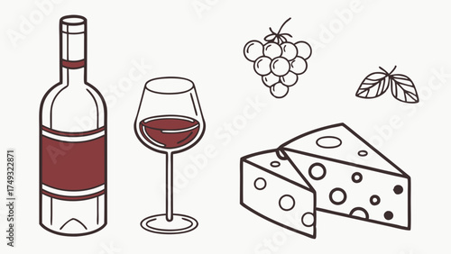 Minimalist Wine Bottle, Glass, Cheese, Grapes Vector Illustration. Elegant Food and Drink Pairing Graphic for Restaurant Menus, Culinary Events, and Beverage Marketing.