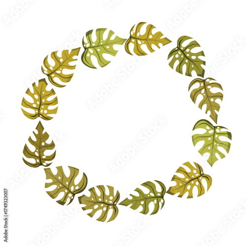 Circle floral frame with colorful monstera leaves on white background. Ornate border with tropic branches. Vector hand drawn illustration for wallpaper, posters, card. Doodle style. Copy space.