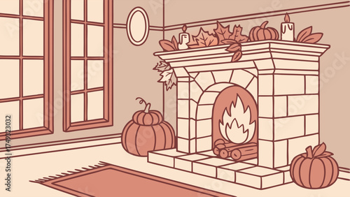 Cozy Autumn Fireplace with Pumpkins Fall Leaves and Candles Home Decor Illustration for Seasonal Marketing and Lifestyle Content