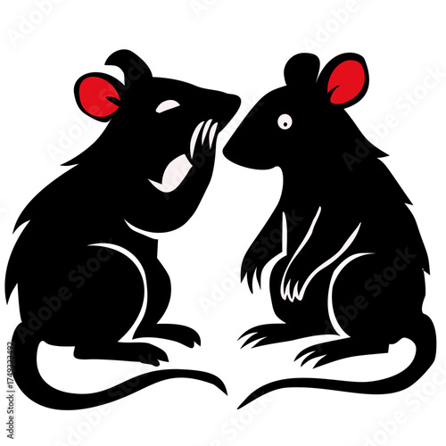 Two black rats with red ears sitting together, one whispering to the other, symbolizing friendship, secrets, and communication in cute minimalist vector art style.