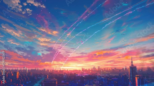 Vibrant sunset over city skyline with colorful clouds and streaks of light, creating serene and magical atmosphere in sky