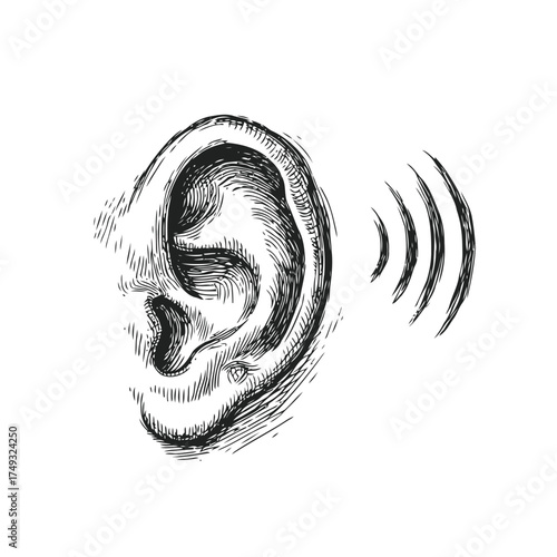 Minimal outline human ear with sound waves icon, hearing icon and logo symbol, audio vector illustration, communication, technology, modern flat Icon