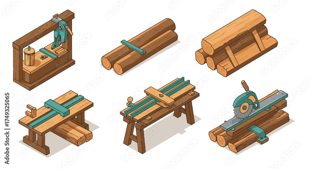 Fototapeta premium Isometric carpentry tools and workbenches with wooden planks in workshop setting