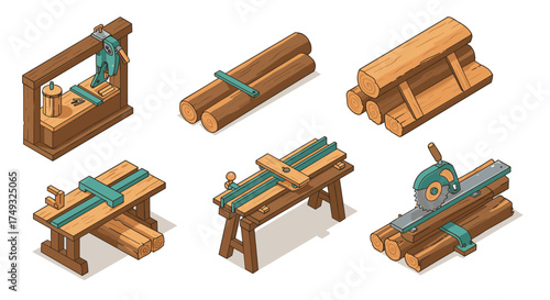 Isometric carpentry tools and workbenches with wooden planks in workshop setting
